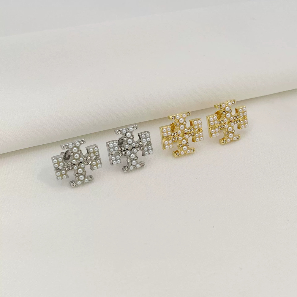 Tory Burch Rhinestone Faux Pearl Letter Metal Earrings